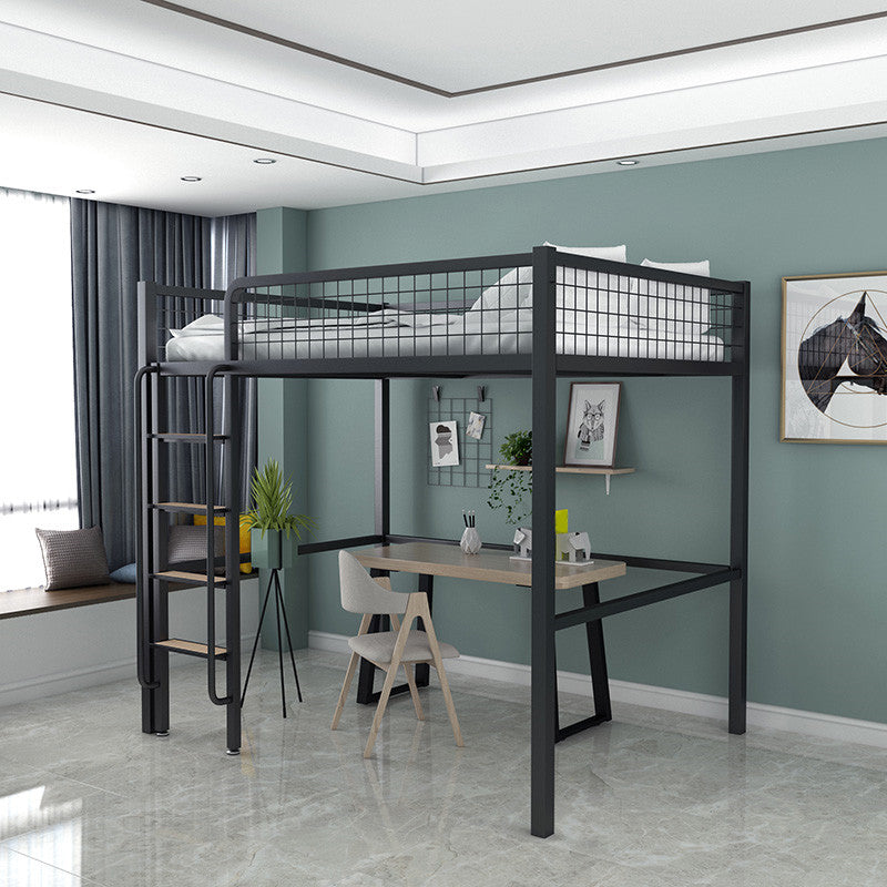 Scandinavian White/Black Loft Bed with Guardrail in Iron Bed