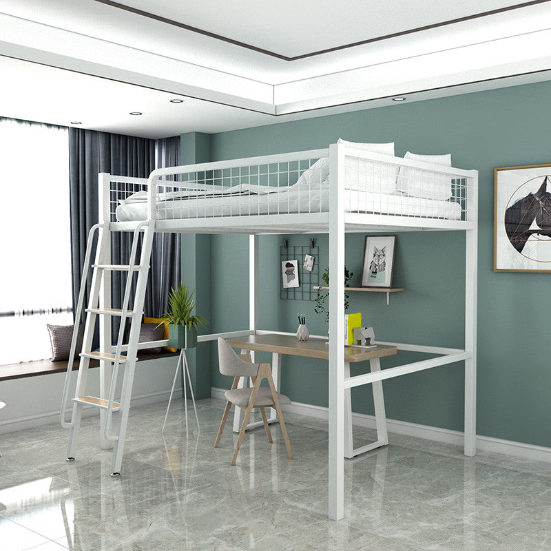 Scandinavian White/Black Loft Bed with Guardrail in Iron Bed