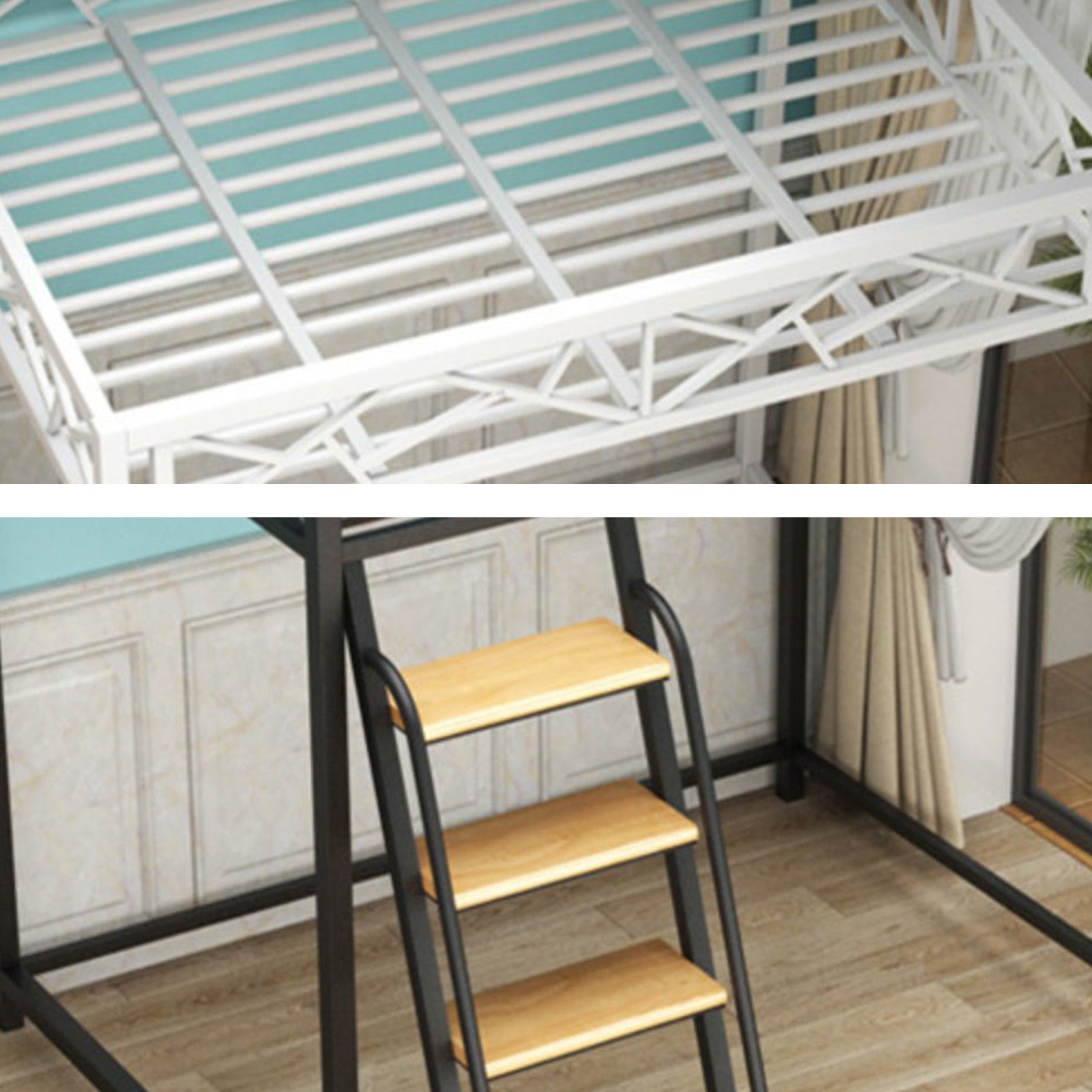 Scandinavian White/Black Loft Bed with Guardrail in Iron Bed