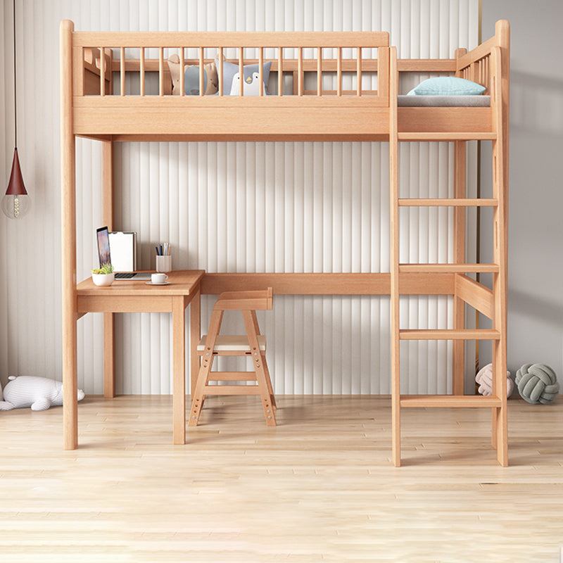 Contemporary Natural Loft Bed with Guardrail and Mattress in Solid Wood