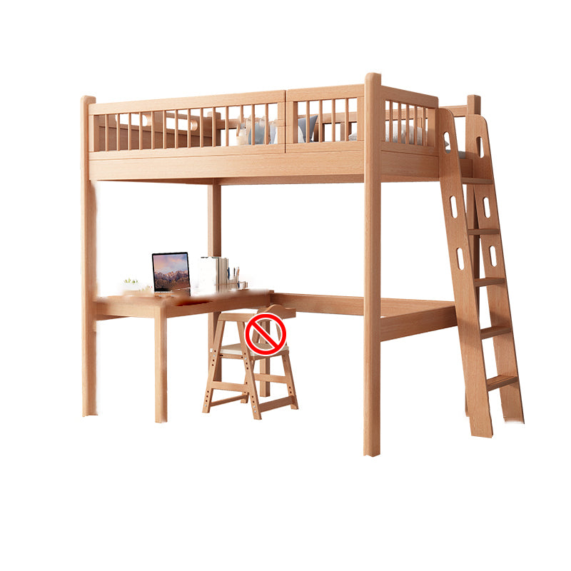 Contemporary Natural Loft Bed with Guardrail and Mattress in Solid Wood