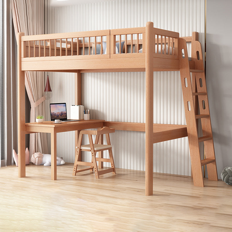 Contemporary Natural Loft Bed with Guardrail and Mattress in Solid Wood