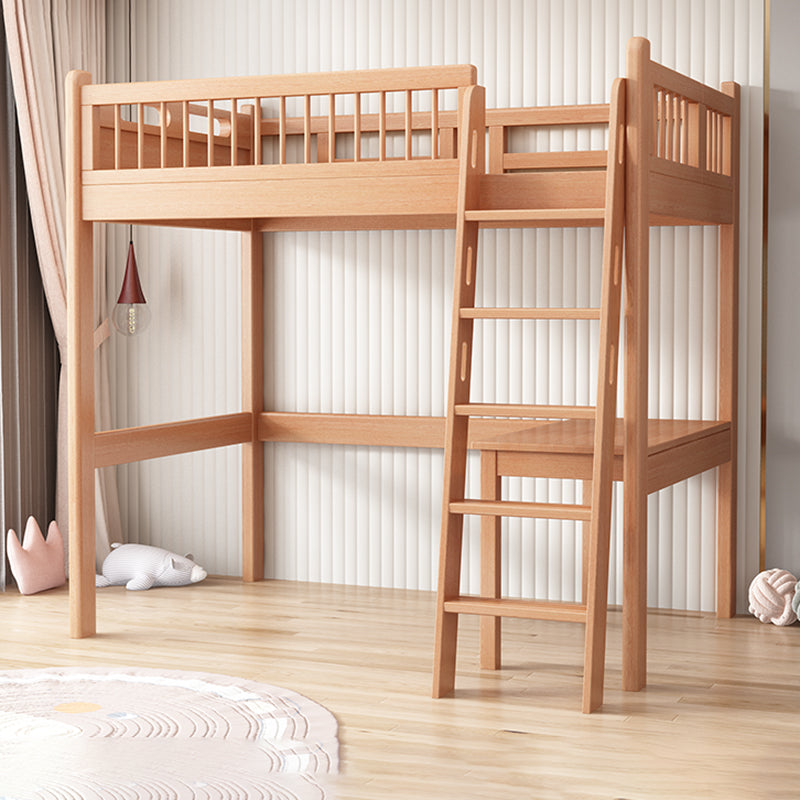 Contemporary Natural Loft Bed with Guardrail and Mattress in Solid Wood