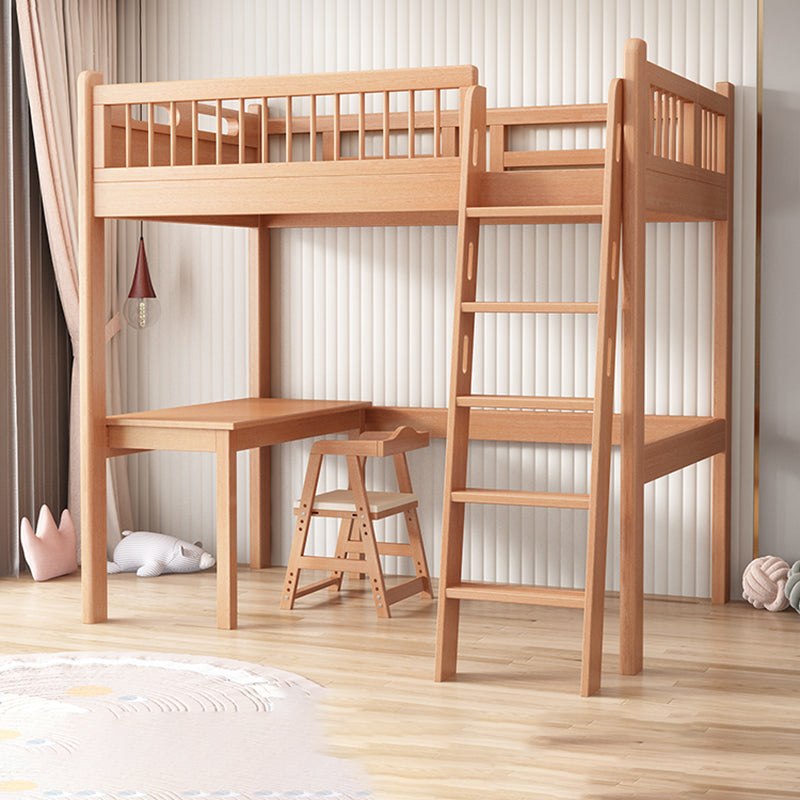 Contemporary Natural Loft Bed with Guardrail and Mattress in Solid Wood