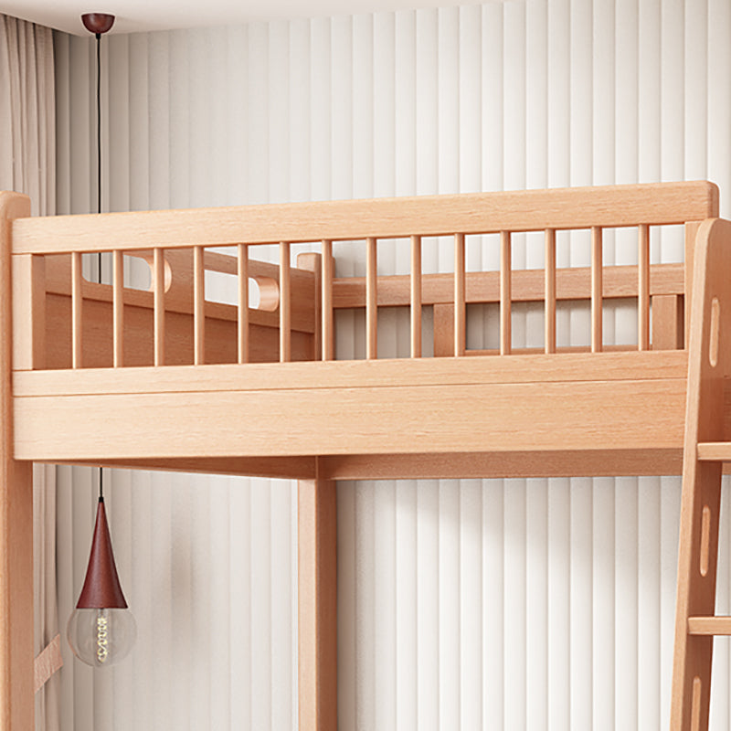 Contemporary Natural Loft Bed with Guardrail and Mattress in Solid Wood