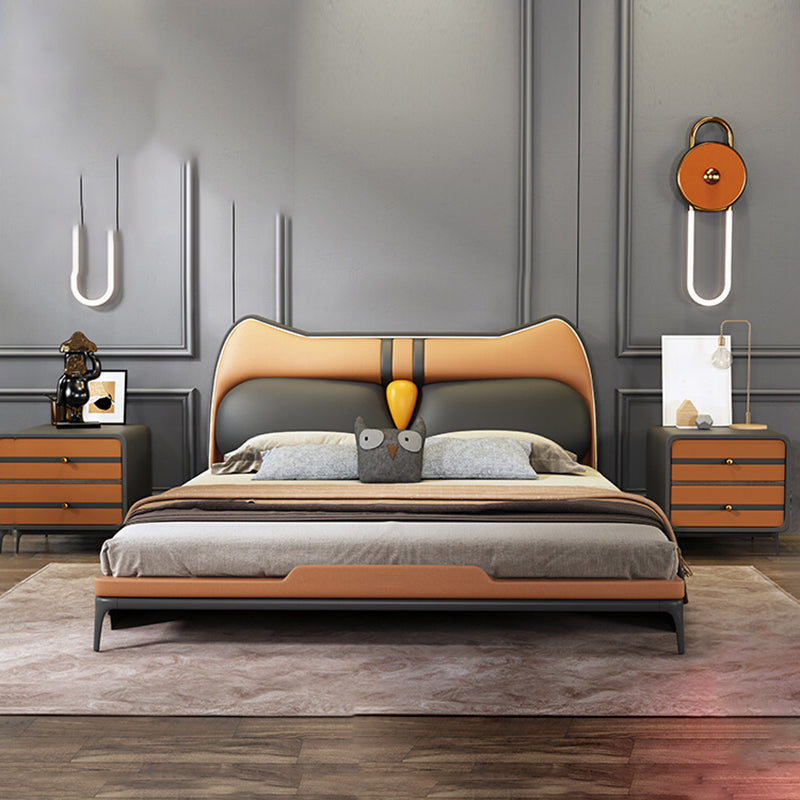 Contemporary Animal Theme Bed with Upholstered Headboard in Leather