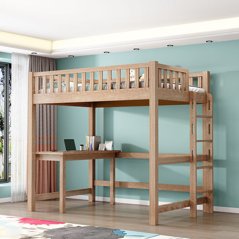 Solid Wood Loft Bed Brown Kids Bed with Built-In Ladder/Stairway