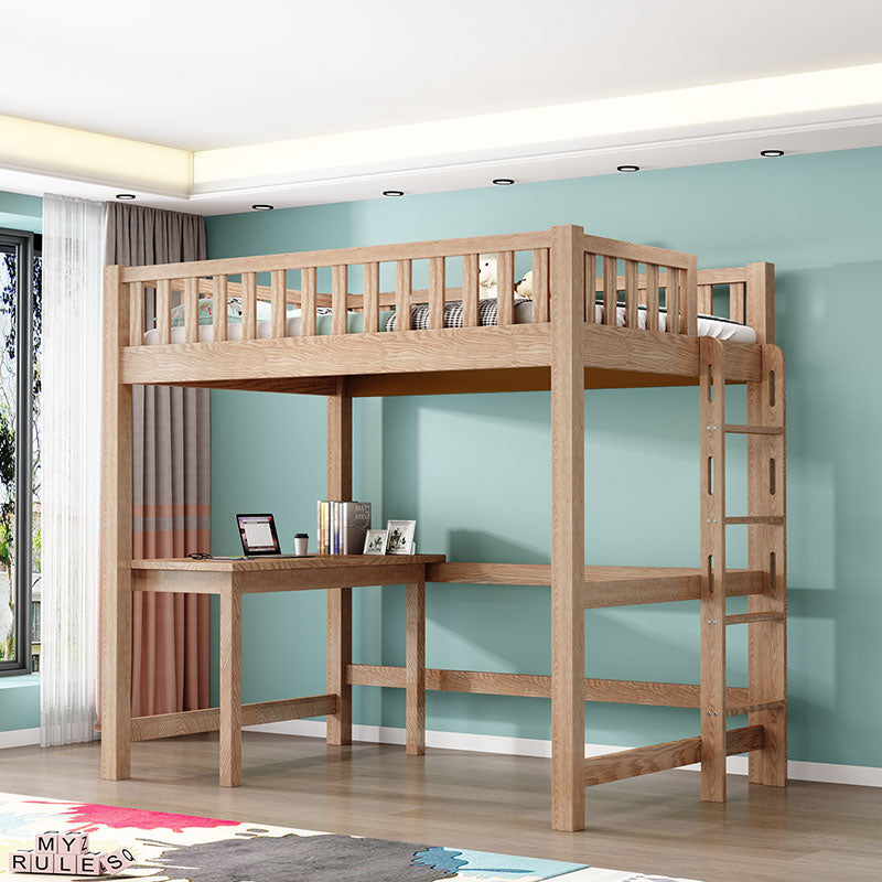 Solid Wood Loft Bed Brown Kids Bed with Built-In Ladder/Stairway