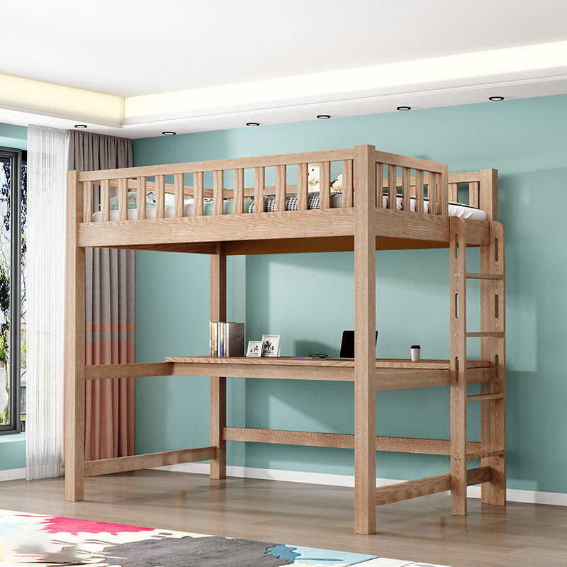 Solid Wood Loft Bed Brown Kids Bed with Built-In Ladder/Stairway