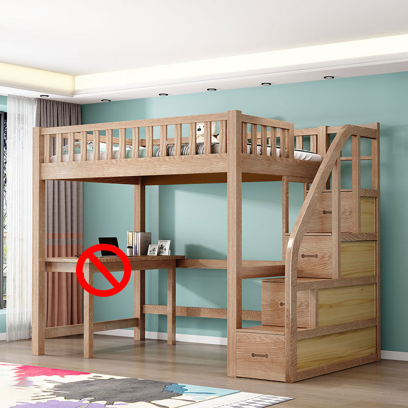 Solid Wood Loft Bed Brown Kids Bed with Built-In Ladder/Stairway