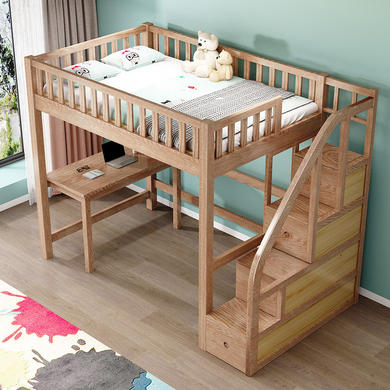 Solid Wood Loft Bed Brown Kids Bed with Built-In Ladder/Stairway