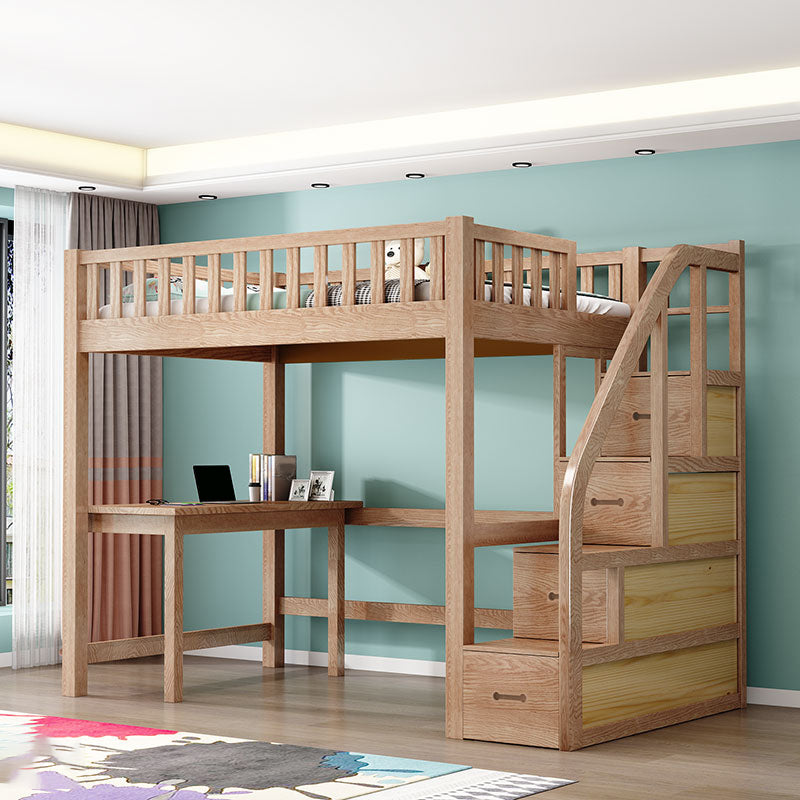 Solid Wood Loft Bed Brown Kids Bed with Built-In Ladder/Stairway