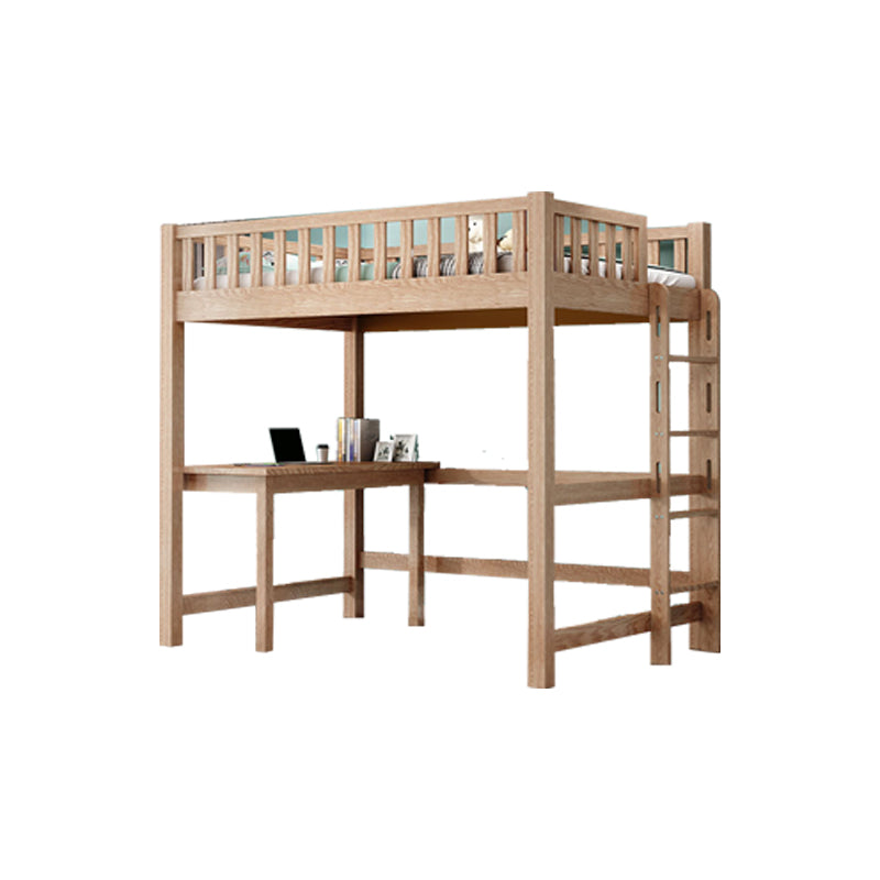 Solid Wood Loft Bed Brown Kids Bed with Built-In Ladder/Stairway