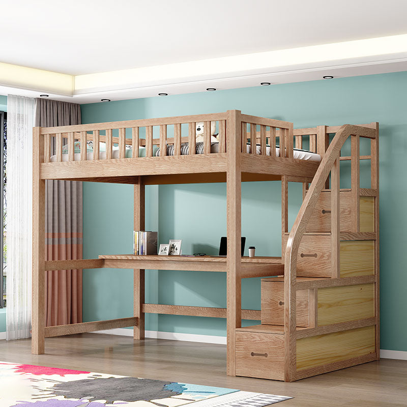 Solid Wood Loft Bed Brown Kids Bed with Built-In Ladder/Stairway