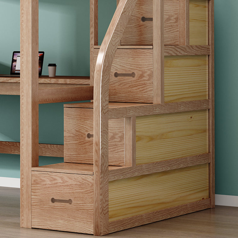 Solid Wood Loft Bed Brown Kids Bed with Built-In Ladder/Stairway