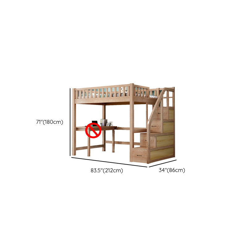 Solid Wood Loft Bed Brown Kids Bed with Built-In Ladder/Stairway