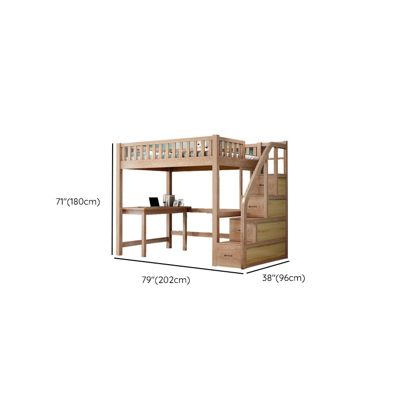 Solid Wood Loft Bed Brown Kids Bed with Built-In Ladder/Stairway