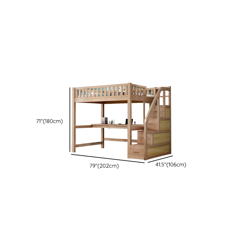 Solid Wood Loft Bed Brown Kids Bed with Built-In Ladder/Stairway