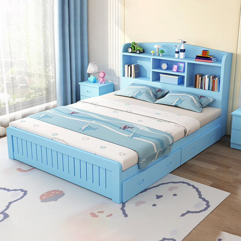 Scandinavian Platform Bed Solid Wood Kids Bed with Headboard and 2 Drawers