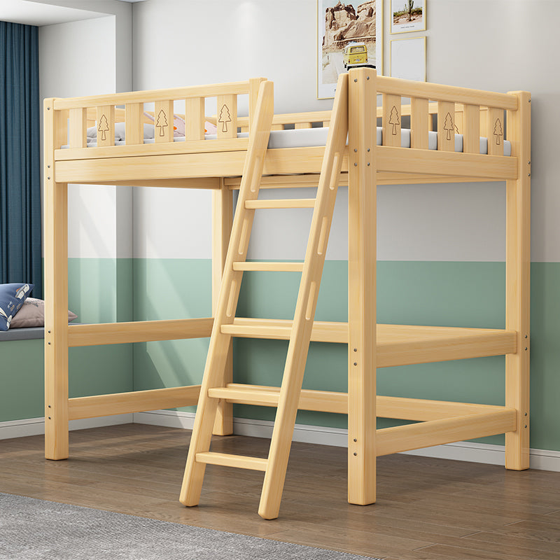 Solid Wood Loft Bed Brown Kids Bed with Built-In Ladder and Guardrail