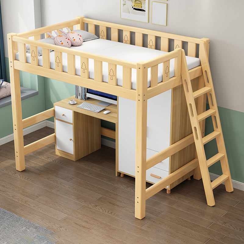 Solid Wood Loft Bed Brown Kids Bed with Built-In Ladder and Guardrail