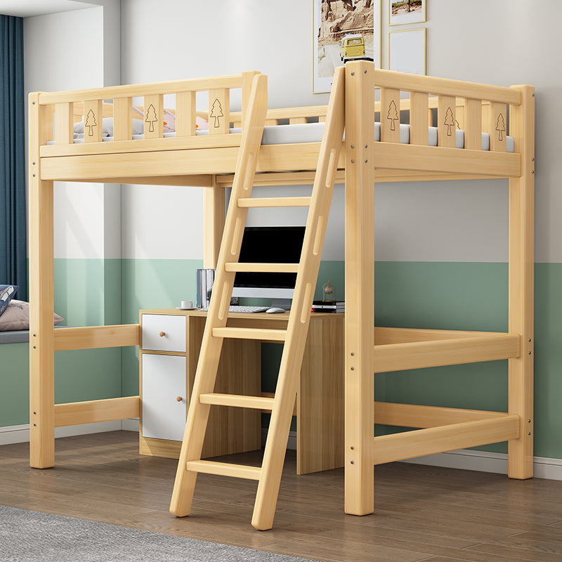 Solid Wood Loft Bed Brown Kids Bed with Built-In Ladder and Guardrail