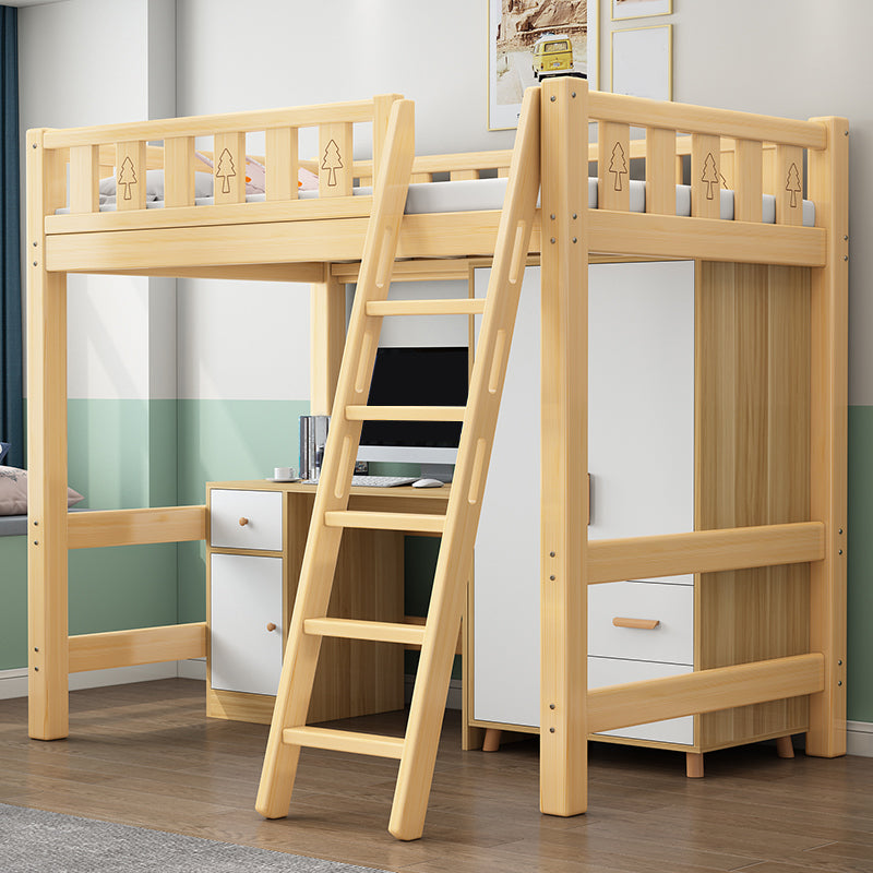 Solid Wood Loft Bed Brown Kids Bed with Built-In Ladder and Guardrail