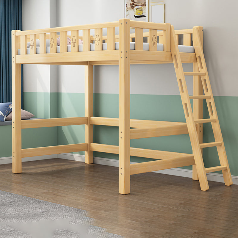 Solid Wood Loft Bed Brown Kids Bed with Built-In Ladder and Guardrail