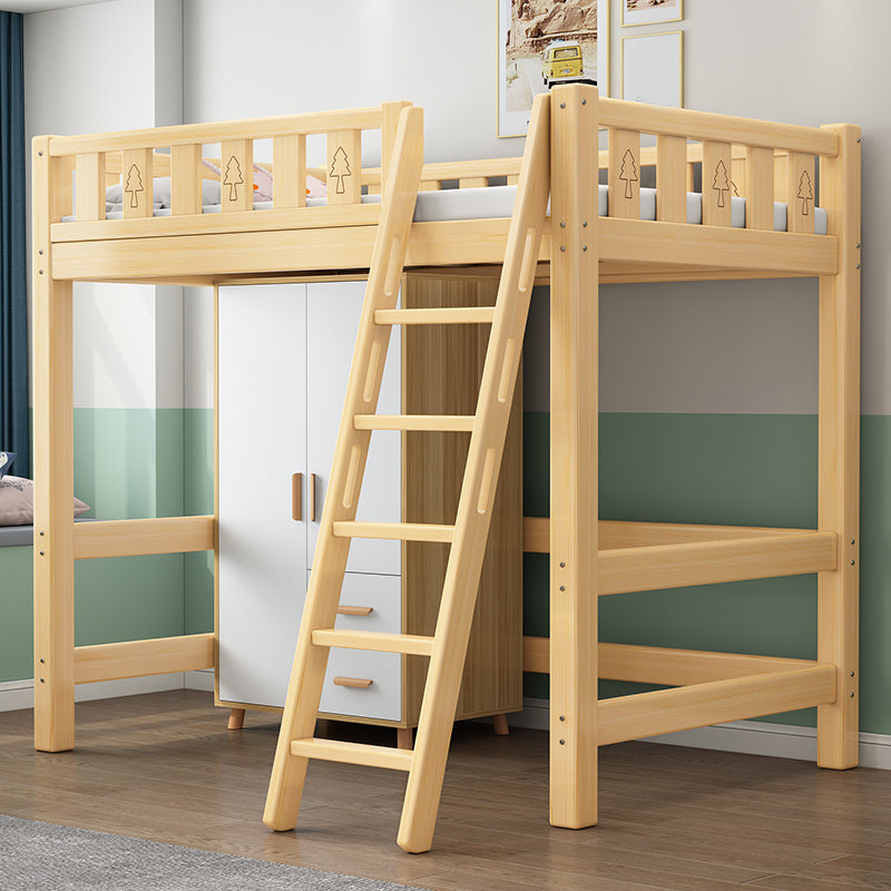 Solid Wood Loft Bed Brown Kids Bed with Built-In Ladder and Guardrail