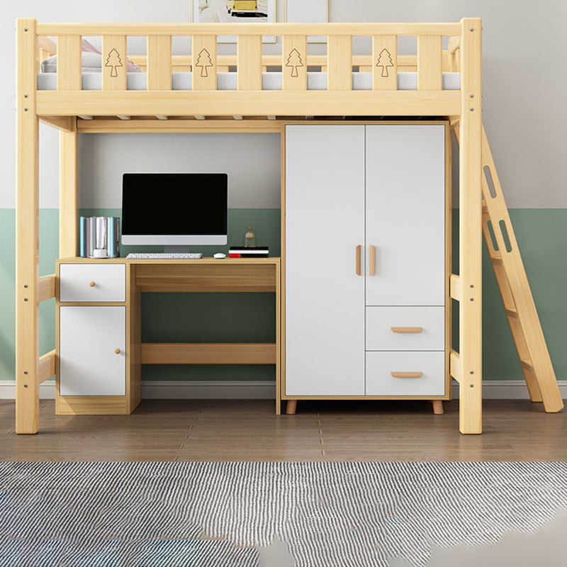 Solid Wood Loft Bed Brown Kids Bed with Built-In Ladder and Guardrail