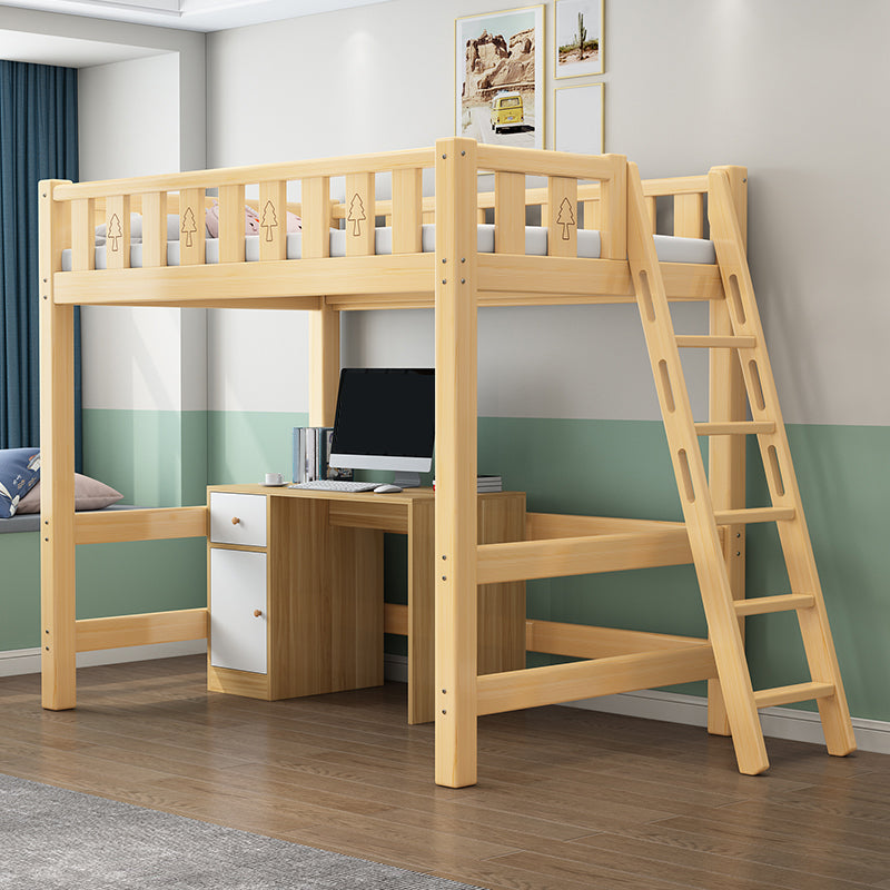 Solid Wood Loft Bed Brown Kids Bed with Built-In Ladder and Guardrail