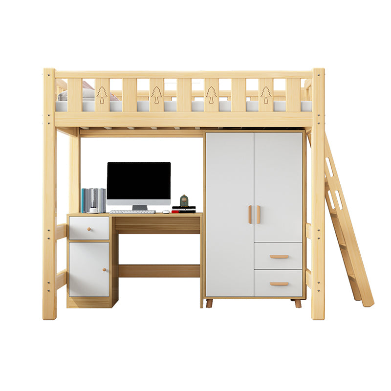 Solid Wood Loft Bed Brown Kids Bed with Built-In Ladder and Guardrail