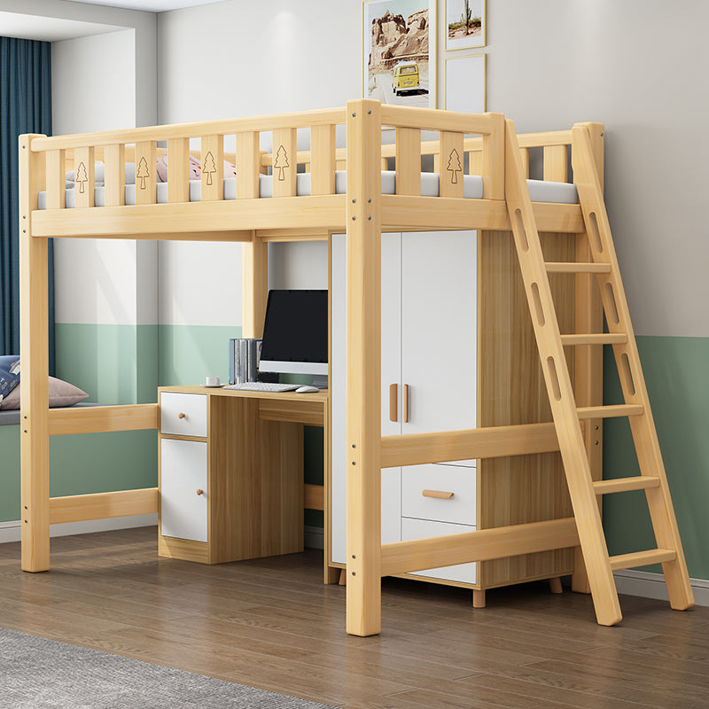 Solid Wood Loft Bed Brown Kids Bed with Built-In Ladder and Guardrail