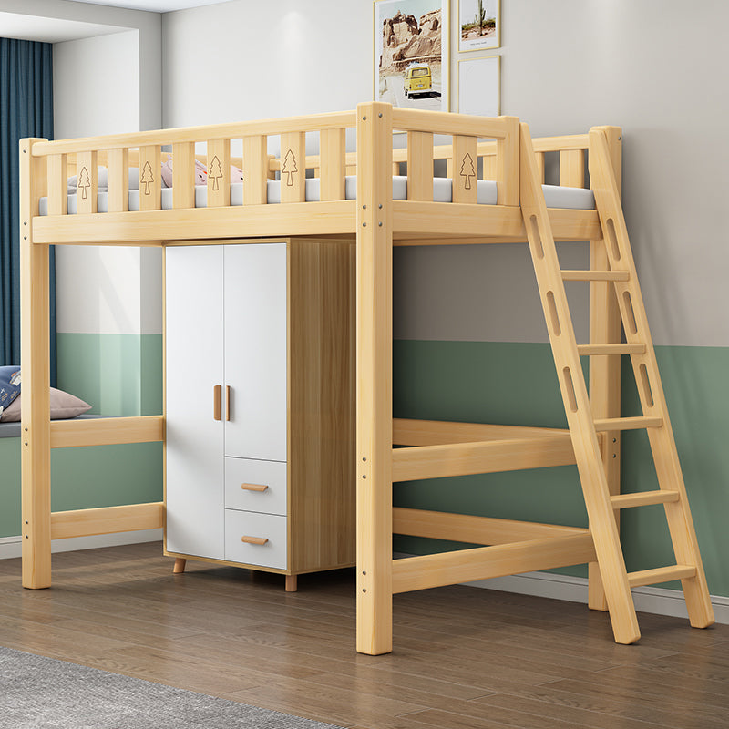 Solid Wood Loft Bed Brown Kids Bed with Built-In Ladder and Guardrail