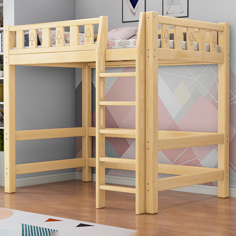 Solid Wood Loft Bed Brown Kids Bed with Built-In Ladder and Guardrail