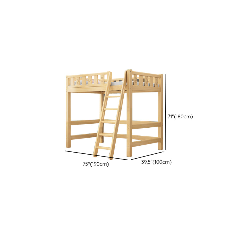 Solid Wood Loft Bed Brown Kids Bed with Built-In Ladder and Guardrail