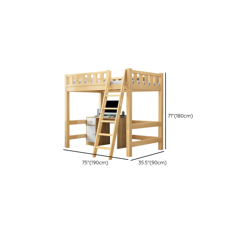 Solid Wood Loft Bed Brown Kids Bed with Built-In Ladder and Guardrail