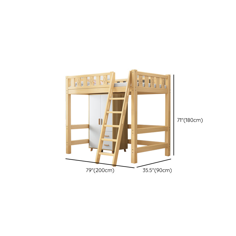 Solid Wood Loft Bed Brown Kids Bed with Built-In Ladder and Guardrail