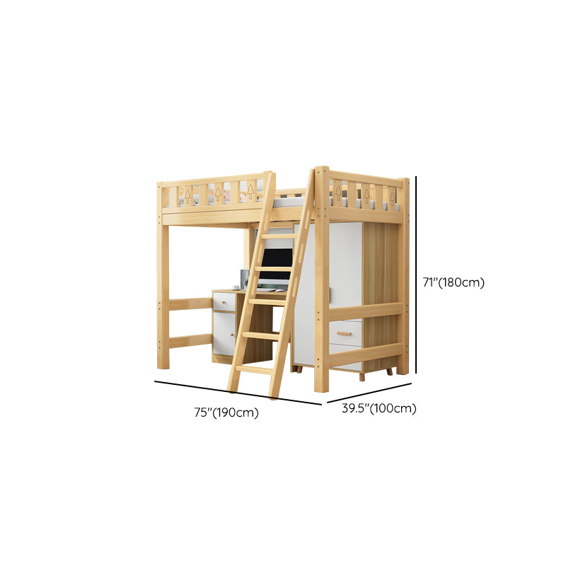 Solid Wood Loft Bed Brown Kids Bed with Built-In Ladder and Guardrail