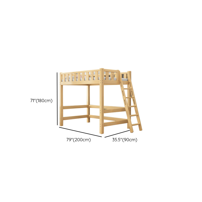 Solid Wood Loft Bed Brown Kids Bed with Built-In Ladder and Guardrail