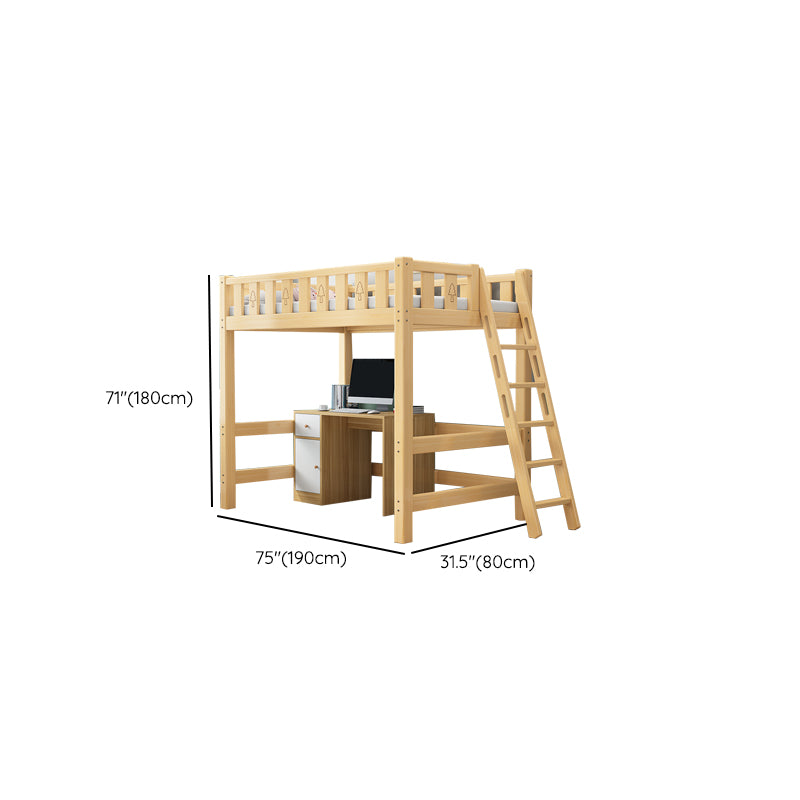 Solid Wood Loft Bed Brown Kids Bed with Built-In Ladder and Guardrail