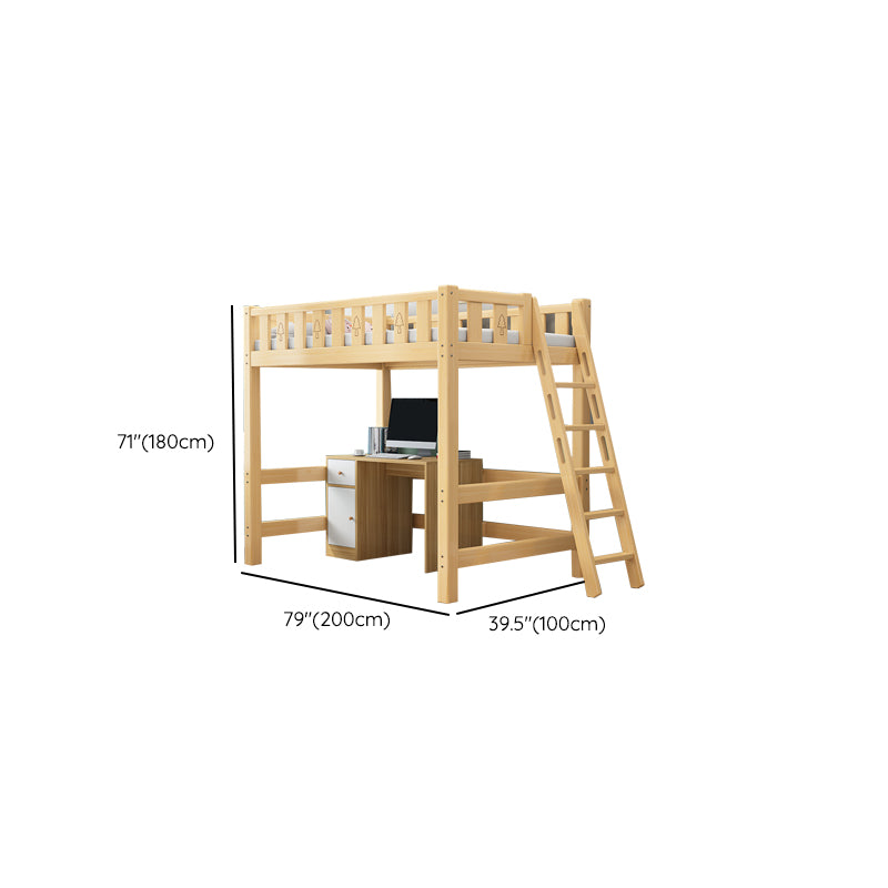 Solid Wood Loft Bed Brown Kids Bed with Built-In Ladder and Guardrail