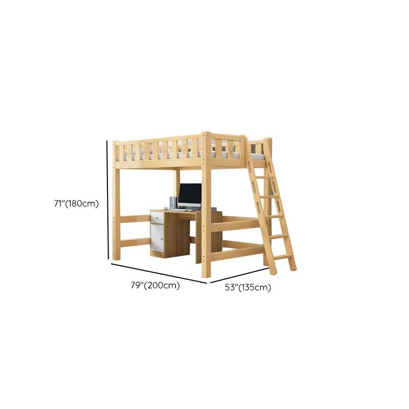 Solid Wood Loft Bed Brown Kids Bed with Built-In Ladder and Guardrail