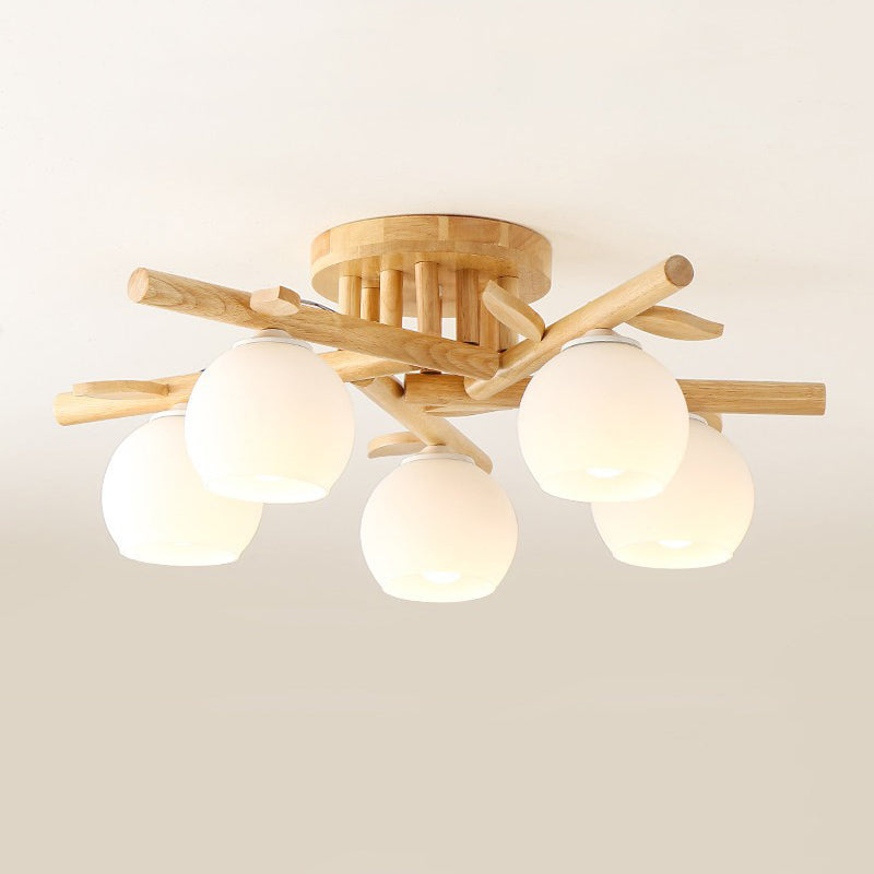 Wood Round Shape Flush Mount Light Modern-Style Multi Lights Flush Ceiling Light in Brown