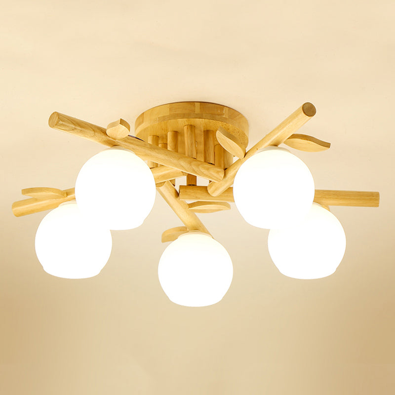 Wood Round Shape Flush Mount Light Modern-Style Multi Lights Flush Ceiling Light in Brown