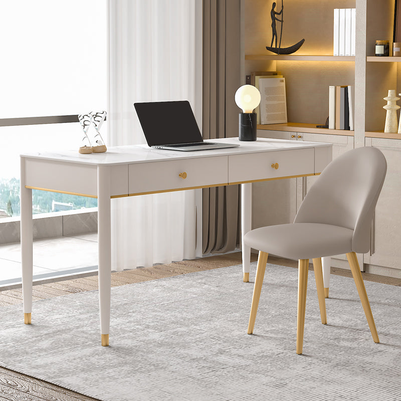 Contemporary Stone Writing Desk Parsons Base White Office Desk with Drawer