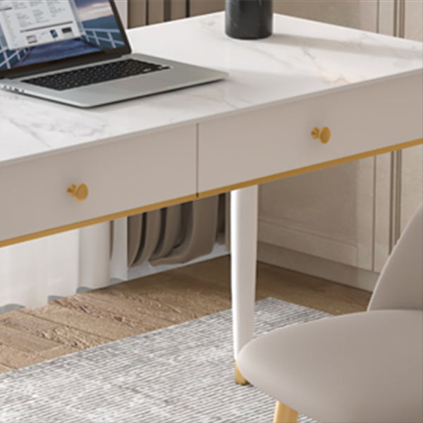 Contemporary Stone Writing Desk Parsons Base White Office Desk with Drawer