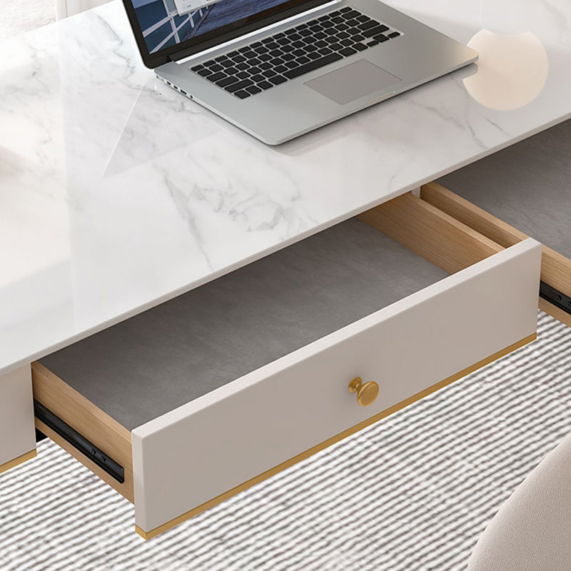 Contemporary Stone Writing Desk Parsons Base White Office Desk with Drawer