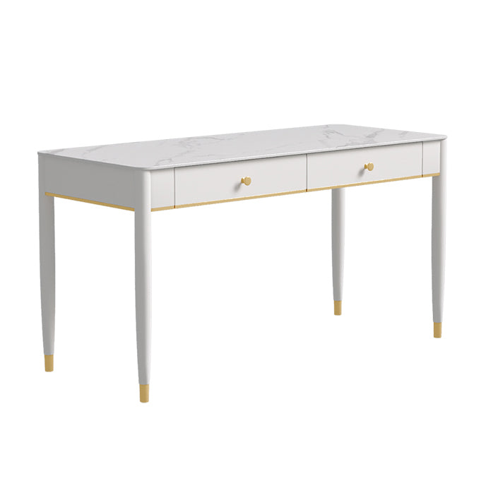 Contemporary Stone Writing Desk Parsons Base White Office Desk with Drawer