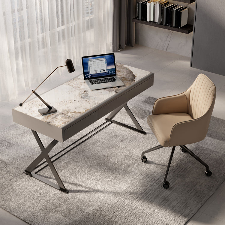 Contemporary Stone Writing Desk Bedroom Office Desk in White with Legs